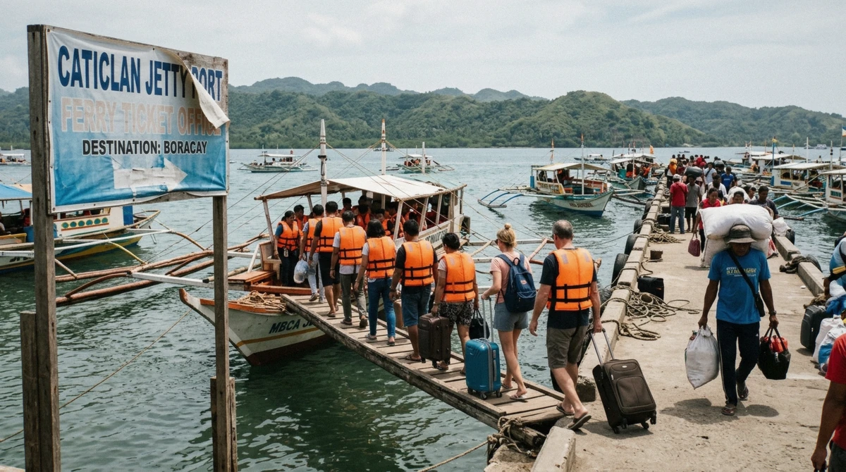 Bangka outrigger ferries loading passengers at Caticlan Jetty Port, the crossing included in a Boracay tours package transfer, Aklan, Philippines