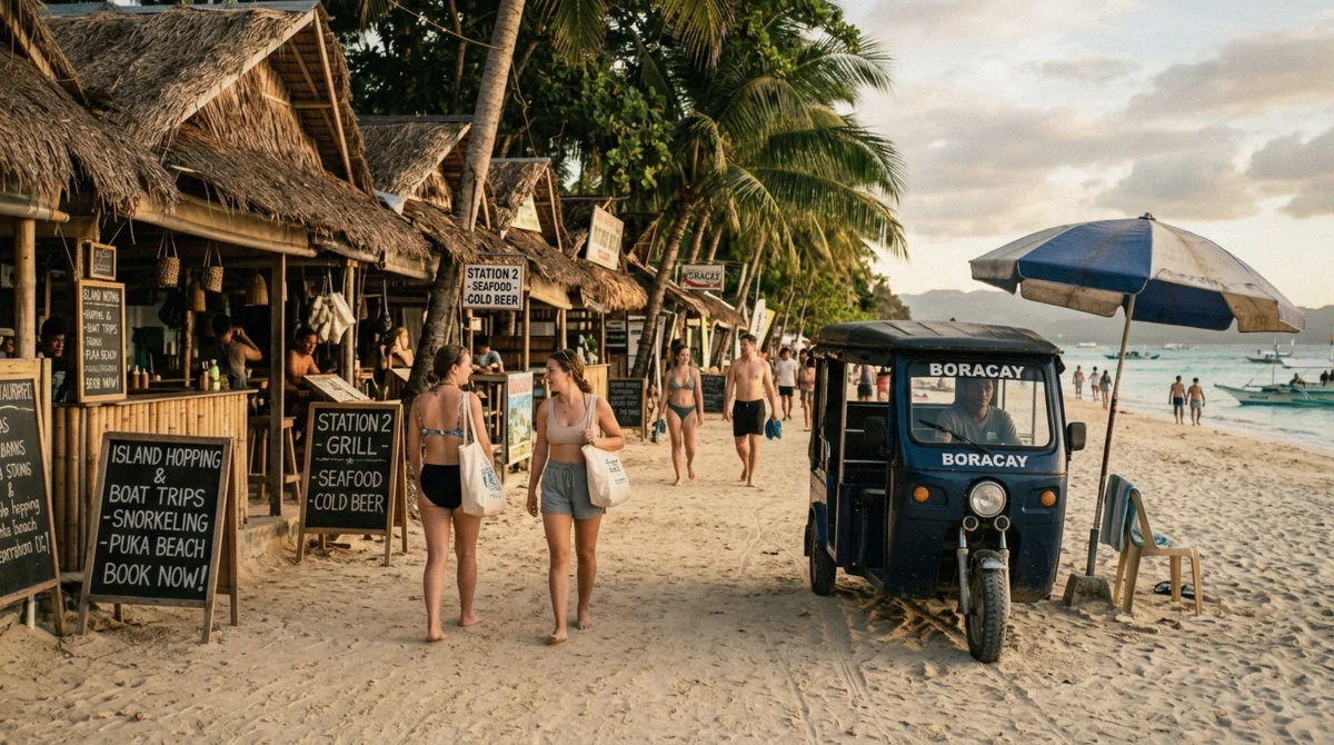 Tour desks and restaurants along the Station 2 beach path where walk-up Boracay tours package deals are sold, White Beach, Philippines